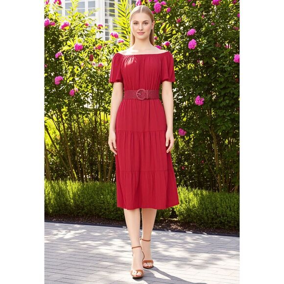 NY Collection Red Tiered Short Flutter Sleeve Midi Dress - Picture 10 of 14